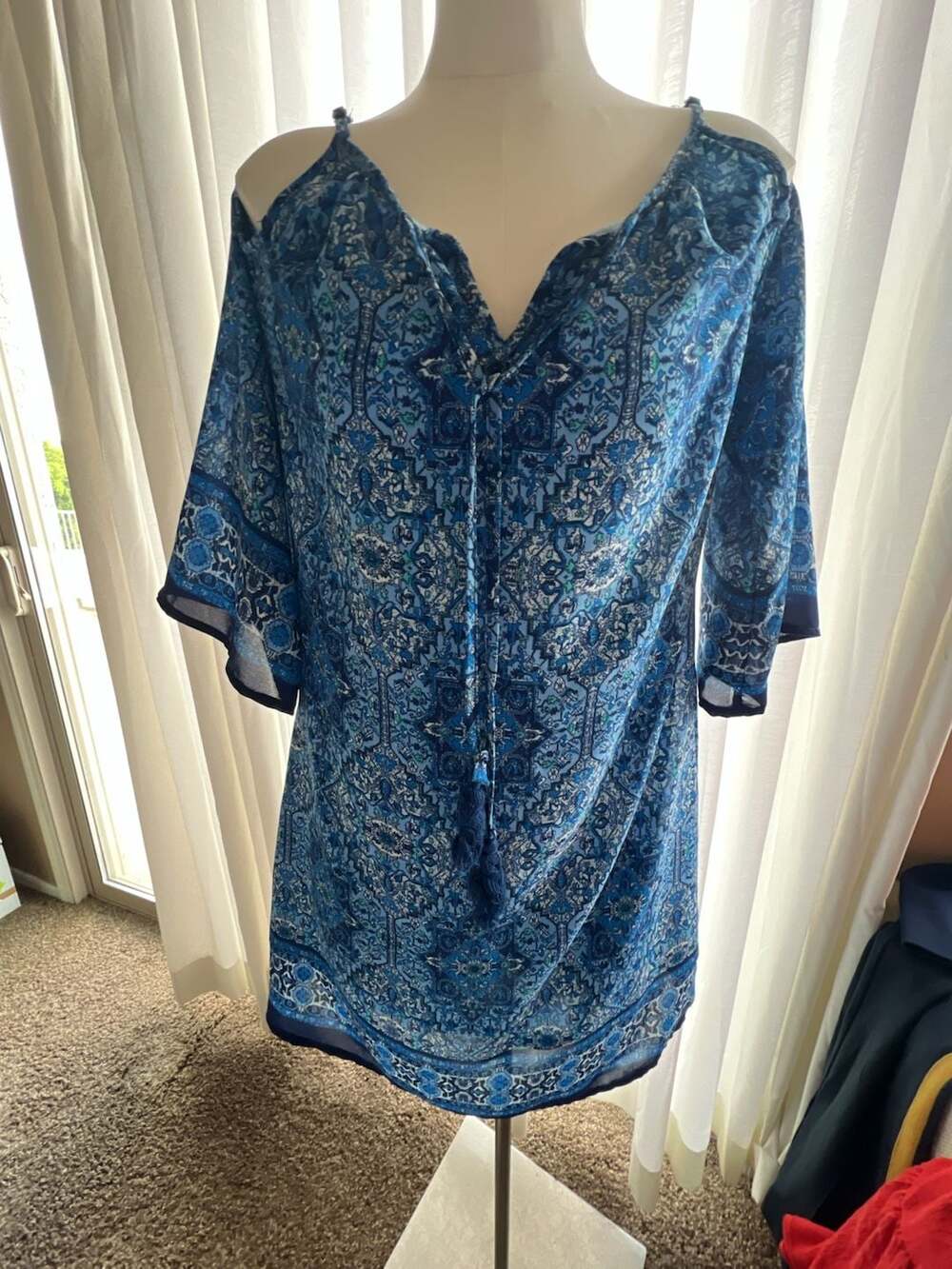 Vasna Blue Paisley Cold Shoulder Tassel Dress
